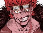  1boy artist_name clenched_teeth coat commentary eustass_kid feriowind fur_coat goggles goggles_on_head injury looking_at_viewer male_focus one_piece red_hair scar scar_across_eye scar_on_cheek scar_on_face short_hair simple_background smile solo teeth yellow_eyes 