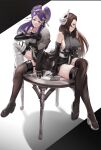  2b_(nier:automata) 2b_(nier:automata)_(cosplay) 2girls a2_(nier:automata) a2_(nier:automata)_(cosplay) alternate_costume bare_shoulders breasts brown_eyes brown_hair comb commission cosplay crossed_legs crossover fire_emblem fire_emblem_fates full_body gauss_&lt;bokashi hair_bun hair_ornament hair_over_one_eye hair_stick hand_fan highres japanese_clothes kagero_(fire_emblem) large_breasts long_hair looking_at_viewer mature_female multiple_girls nier:automata nier_(series) no_blindfold orochi_(fire_emblem) ponytail purple_eyes purple_hair sideboob simple_background sitting sitting_on_table skeb_commission skindentation smile thighs 