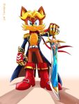  1boy antoine_d&#039;coolette belt blonde_hair blue_eyes commission epaulettes full_body furry furry_male highres long_sleeves looking_at_viewer male_focus red_footwear smirk solo sonic_(series) sonic_the_hedgehog_(archie_comics) steve_j_art sword weapon 