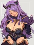  1girl absurdres armor black_armor black_panties breasts camilla_(fire_emblem) cleavage fire_emblem fire_emblem_fates gloves hair_over_one_eye head_tilt highres large_breasts lips long_hair looking_at_viewer one_eye_closed panties pink_eyes porqueloin purple_hair shiny_skin smile solo tiara underwear very_long_hair wavy_hair 