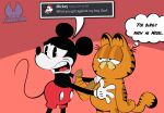4_fingers anthro biped clothed clothing dessert disney domestic_cat doughnut duo english_text fanamation felid feline felis fingers food garfield_(series) garfield_the_cat gloves handwear hi_res male mammal mickey_mouse mouse murid murine open_mouth red_clothing rodent tail teeth text thought_bubble