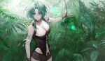  1girl antenna_hair black_gloves black_shorts breasts cleavage clock closed_mouth fingerless_gloves gloves green_eyes green_hair highres jungle large_breasts looking_to_the_side mantis_(path_to_nowhere) medium_hair muaooooo nature navel outdoors path_to_nowhere shorts solo 