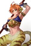  1girl :3 animal_ears arm_up arm_wrap armlet bodice breasts breath_of_fire breath_of_fire_ii cat_ears cat_tail cleavage commentary_request danryoku_r fingerless_gloves gloves gradient_background highres holding holding_staff looking_at_viewer looking_down medium_breasts navel no_pants purple_gloves red_hair rinpoo_chuan slit_pupils smirk staff stomach striped_fur striped_skin studded_armlet tail white_background yellow_fur 