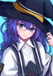  1girl absurdres blue_eyes blue_hair braid capelet collar eyebrows_hidden_by_hair flat_chest hair_between_eyes hand_on_headwear hat head_tilt highres karan_koron100 lips mushoku_tensei roxy_migurdia solo twin_braids upper_body white_capelet white_collar witch_hat 