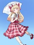  1girl alternate_costume blonde_hair blue_background casual chaos_marie_(grimms_notes) gradient_background gradient_hair grimms_notes hair_ribbon heart heart-shaped_pupils highres holding holding_umbrella kaataanuukii long_skirt multicolored_hair pink_eyes red_footwear red_ribbon ribbon shirt shoes skirt smile socks solo symbol-shaped_pupils umbrella white_shirt white_socks 