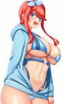  1girl :d anisdrawn bikini blue_bikini blue_eyes blue_jacket blush breasts commentary cowboy_shot highres hood hooded_jacket jacket large_breasts long_hair long_sleeves looking_at_viewer navel open_clothes open_jacket open_mouth pokemon pokemon_bw red_hair sidelocks simple_background skyla_(pokemon) smile solo standing stomach swimsuit thighs white_background 