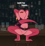 2024 absurd_res accessory anthro bar bar_stool belt bottomless bra bra_only breasts clothed clothing container crouching cup detailed_background dialogue digital_drawing_(artwork) digital_media_(artwork) digitigrade drinking_glass drunk female flat_colors furgonomics furniture genitals glass glass_container glass_cup hands_behind_head happy hi_res horn inside kobold laugh navel non-mammal_breasts on_stool open_mouth open_smile pink_body pink_pussy pink_scales pink_tongue pussy scales sleepysheepy17 smile solo spilled_drink sports_bra stool substance_intoxication tail tail_accessory tail_belt teeth text tongue underwear underwear_only watermark white_text yellow_horn