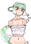  1girl arms_behind_back brown_eyes chinese_water_dragon_(kemono_friends) closed_mouth collarbone crop_top crop_top_overhang detached_sleeves frilled_hairband frills green_hair green_sleeves hairband head_tilt kemono_friends kemono_friends_3 kishida_shiki lizard_tail long_tail looking_at_viewer midriff navel ringed_eyes short_hair signature simple_background solo spaghetti_strap stomach tail upper_body white_background white_hair 