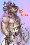 animal_humanoid anthro armor bottomwear clothed clothing derg_(character) dragon dragon_humanoid facial_piercing firefighter franklyfurry green_body headgear helmet hi_res horn humanoid looking_at_viewer male mammal nose_piercing piercing pinup pose scalie shorts simple_background smile solo tail