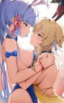  2girls animal_ears bare_shoulders blonde_hair blue_eyes blue_hair blue_leotard blue_nails blunt_bangs breasts commentary eye_contact fake_animal_ears genshin_impact hair_tubes kamisato_ayaka large_breasts leotard long_hair looking_at_another lumine_(genshin_impact) multiple_girls nail_polish parted_lips rabbit_ears sidelocks strapless strapless_leotard upper_body very_long_hair yellow_eyes yellow_leotard yeni1871 yuri 