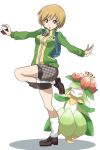  1girl backpack bag bike_shorts blue_bag brown_eyes brown_footwear brown_hair closed_eyes colored_skin commentary_request crown flower full_body green_hair green_jacket grey_skirt highres holding holding_poke_ball jacket kurosususu leg_warmers lilligant open_mouth outstretched_arms persona persona_4 poke_ball poke_ball_(basic) pokemon pokemon_(creature) satonaka_chie shoes short_hair shorts shorts_under_skirt simple_background skirt standing standing_on_one_leg v-shaped_eyebrows white_background white_skin zipper zipper_pull_tab 