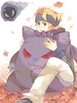  autumn blonde_hair blush doll gastly gen_1_pokemon gengar grey_eyes headband heart hug leaf matsuba_(pokemon) pokemon pokemon_(creature) pokemon_(game) pokemon_hgss scarf sitting tegaki 