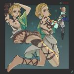 2023 5_toes absurd_res alternate_costume blonde_hair breasts clothing feet female foot_focus footwear hair hi_res humanoid humanoid_feet humanoid_pointy_ears hylian melee_weapon mohoshadream nintendo not_furry one_breast_out one_shoe_on plantigrade princess_zelda sandals solo sword tattoo tears_of_the_kingdom the_legend_of_zelda toes weapon
