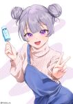  1girl :d absurdres blue_overalls blunt_bangs cropped_legs double-parted_bangs double_bun face_jewel food grey_hair hair_bun highres holding holding_food holding_popsicle hololive hololive_english koseki_bijou looking_at_viewer moai overalls popsicle purple_eyes purple_nails sidelocks simple_background smile sweater takoroki v 