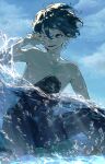  1boy absurdres barefoot blue_eyes blue_hair blue_sky blue_theme cloud cloudy_sky hair_between_eyes highres looking_to_the_side male_focus ocean omutarou one_eye_closed original pants partially_submerged sea_spray short_hair sitting sky smile solo topless topless_male water wet wet_hair 