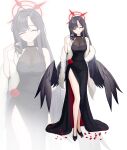  1girl absurdres bare_shoulders black_dress black_hair black_wings blue_archive breasts cleavage dress full_body grin hair_ornament hairclip high_heels highres ichika_(blue_archive) large_breasts looking_at_viewer low_wings multiple_views simple_background smile themaree wings 