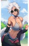  1girl :o absurdres ahoge asymmetrical_hair bare_hips bare_shoulders black_choker black_hair black_pants blue_sky body_markings bra breasts character_request choker cleavage clenched_hand clothing_request cloud cloudy_sky coat collarbone colored_bangs colored_tips commentary curvy day earrings expression_request fur_coat grass grey_bra highres jewelry large_breasts looking_at_viewer medium_bangs messy_hair midriff multicolored_hair narrowed_eyes navel original outdoors pants park partially_undressed patreon_logo patreon_username pink_lips polka_dot revealing_clothes round_eyewear sarulart shiny_skin single_earring sky solo sunglasses symbol-only_commentary toned underwear undressing white_hair white_trim wide_hips yellow_eyes 