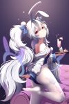  1girl absurdres animal_ears ass azur_lane bare_shoulders blue_leotard breasts chair cup drinking_glass expressionless fake_animal_ears feet from_behind highres jacket laffey_(azur_lane) laffey_ii_(azur_lane) leg_up legs leotard long_hair looking_back no_shoes off_shoulder on_one_knee pantyhose playboy_bunny rabbit_ears red_eyes small_breasts soles solo standing standing_on_one_leg strapless strapless_leotard thighs toes tray twintails very_long_hair white_hair white_jacket white_pantyhose z-wumi 