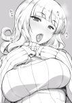  1girl blunt_bangs blush breasts carmilla_(fate) curly_hair fate/grand_order fate_(series) fue_(rhomphair) greyscale hand_on_own_chest highres large_breasts long_hair looking_at_viewer monochrome open_mouth solo speech_bubble steam steam_from_mouth sweat sweatdrop sweater tongue tongue_out turtleneck turtleneck_sweater upper_body 