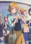  2024 6+girls bag black_jacket black_necktie black_shirt blue_jacket blurry brown_eyes brown_hair bubble_tea character_request depth_of_field head_tilt highres hiroki_ree jacket koizumi_hanayo looking_at_viewer love_live! multiple_girls necktie nesoberi open_clothes open_jacket polka_dot polka_dot_shirt purple_eyes shirt skirt tokyo_dome tote_bag v white_shirt yellow_skirt 