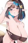  1girl arknights armpits blue_eyes blush breasts brown_hair chunta cleavage collarbone eunectes_(arknights) flying_sweatdrops highres huge_breasts looking_at_viewer midriff pointy_ears short_hair solo strapless sweat torn_clothes upper_body 