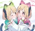 2girls absurdres animal_ear_headphones animal_ears blonde_hair blue_archive blush bow cat_tail dated fake_animal_ears green_bow green_eyes green_halo green_scarf hair_bow halo headphones highres jacket long_sleeves midori_(blue_archive) momoi_(blue_archive) multiple_girls one_eye_closed open_mouth pink_halo red_bow red_eyes red_scarf scarf short_hair siblings sisters smile tail tibaridooor twins white_jacket wide_sleeves 