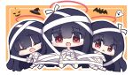  3girls bandages barefoot black_hair blue_archive blunt_bangs blush_stickers chibi closed_eyes commentary eyes_visible_through_hair halo hat jack-o&#039;-lantern justice_task_force_member_(blue_archive) long_hair looking_at_viewer multiple_girls mummy_costume no_nose open_mouth raised_eyebrows red_eyes red_halo red_pupils sitting tearing_up umihio very_long_hair witch_hat 