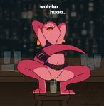 2024 absurd_res accessory anthro bar bar_stool belt bodily_fluids bottomless bra bra_only breasts clothed clothing container crouching cup detailed_background dialogue digital_drawing_(artwork) digital_media_(artwork) digitigrade drinking_glass drunk female flat_colors full-length_portrait furgonomics furniture genital_fluids genitals glass glass_container glass_cup hands_behind_head happy hi_res horn inside kobold laugh navel non-mammal_breasts on_stool open_mouth open_smile peeing peeing_into_container peeing_into_cup pink_body pink_pussy pink_scales pink_tongue portrait pussy scales sleepysheep smile solo spilled_drink sports_bra stool substance_intoxication tail tail_accessory tail_belt teeth text tongue underwear underwear_only urine urine_stream watermark watersports white_text yellow_horn