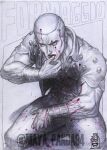  1boy blood blood_on_face bullet buzz_cut formaggio greyscale highres jojo_no_kimyou_na_bouken licking_blood male_focus maya_panda monochrome muscular muscular_male short_hair solo spot_color squatting veins veiny_arms vento_aureo very_short_hair wiping_blood wiping_mouth 