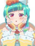  1girl :o bare_shoulders blue_hair blunt_bangs blush dress eyeshadow facial_mark flower gloves green_eyeshadow green_hair hair_flower hair_ornament hands_on_own_cheeks hands_on_own_face hands_up highres idol_clothes long_sleeves looking_at_viewer makeup multicolored_hair omega_auru omega_auru_(primagista) open_mouth orange_flower orange_rose pretty_series red_eyes rose short_hair simple_background solo streaked_hair tsujii_ruki upper_body waccha_primagi! white_background yellow_dress yellow_gloves 