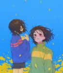  2others bandaid bandaid_on_face bandaid_on_nose black_shorts blue_background blue_sweater blush brown_hair chara_(undertale) closed_eyes closed_mouth colored_skin commentary_request flower frisk_(undertale) green_sweater hands_up highres korean_commentary long_sleeves looking_up multiple_others nyeong_o2 petals red_eyes short_hair shorts single_stripe standing striped_clothes striped_sweater sweater teeth turtleneck turtleneck_sweater undertale yellow_flower yellow_skin 