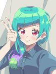  1girl blue_hair blue_shirt blush closed_mouth collared_shirt commentary_request diagonal_bangs green_hair hair_over_shoulder hand_up highres long_hair looking_at_viewer multicolored_hair official_alternate_hairstyle omega_auru pretty_series purple_hair red_eyes shirt short_sleeves smile solo tsujii_ruki upper_body v waccha_primagi! 