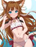  absurdres animal_ear_fluff animal_ears arm_up ass_visible_through_thighs bell bikini blue_eyes breasts brown_hair cat_ears cat_girl cat_tail claw_pose collar groin hand_on_own_stomach highres jingle_bell long_hair looking_at_viewer mototaku multiple_tails navel neck_bell original side-tie_bikini_bottom small_breasts stomach swimsuit tail thighs very_long_hair white_bikini 