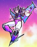  1girl animal_ears berserkwingssss cat_ears colored_skin flying helmet highres humanoid_robot mechanical_wings panties purple_panties red_eyes robot robot_girl science_fiction slipstream_(transformers) thighs transformers underwear white_skin wings 