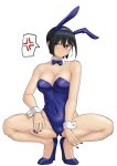  1girl absurdres anger_vein animal_ears black_hair blue_bow blue_bowtie blue_footwear blue_leotard bob_cut bow bowtie breasts cleavage covered_navel detached_collar fake_animal_ears high_heels highres large_breasts leotard original playboy_bunny pondo_(peng-model) rabbit_ears short_hair simple_background solo spoken_anger_vein strapless strapless_leotard white_background wrist_cuffs yellow_eyes 