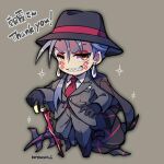  1boy black_gloves blue_hair cane chibi collared_shirt commission cu_chulainn_(fate) cu_chulainn_alter_(fate) cu_chulainn_alter_(formal_dress)_(fate) eyeliner fate/grand_order fate_(series) fedora full_body gloves grey_background grey_jacket grey_pants hand_on_own_hip hat holding holding_cane jacket kotorai long_sleeves makeup male_focus necktie no_nose orange_eyes pants ponytail red_eyeliner red_necktie sharp_teeth shirt skeb_commission tail teeth thank_you white_shirt 