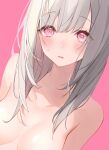  1girl blush breasts commission completely_nude eyelashes grey_hair hair_between_eyes heart heart-shaped_pupils long_hair looking_at_viewer medium_breasts nude original out-of-frame_censoring parted_lips pink_background pink_eyes simple_background skeb_commission solo sweat symbol-shaped_pupils upper_body yuita_(yuita17) 