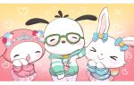 &lt;3 anthro blush bottomwear bow_(feature) bow_accessory clothed clothing digital_media_(artwork) eyes_closed eyewear female fur glasses group hi_res lagomorph leporid long_ears male mammal mell my_melody onegai_my_melody open_mouth pochacco rabbit reimentyuru sanrio simple_background skirt smile trio white_body white_fur wish_me_mell