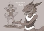 2023 anthro bottomless bottomless_anthro bottomless_female christmas claws clothed clothing dialogue duo female flamespitter genitals holidays horn kobold looking_at_viewer pussy scalie shirt shirt_only suprised_look tail text topwear topwear_only
