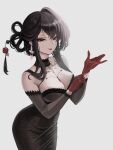  1girl absurdres alternate_costume black_dress black_hair blue_archive breasts brown_gloves cleavage dndosld73832 dress gloves grey_background hair_ornament hair_stick highres kokuriko_(blue_archive) large_breasts long_hair long_sleeves looking_at_viewer red_eyes simple_background solo 