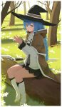  1girl absurdres black_headwear black_skirt black_socks blue_eyes blue_hair boots braid capelet commentary crystal flat_chest flower forest full_body grass grey_shirt hat highres jacket log looking_at_viewer mage_staff mushoku_tensei nature own_hands_together roxy_migurdia shirt sitting sitting_on_object skirt smile socks solo tenkiraku tiptoes twin_braids white_capelet white_flower white_footwear white_jacket witch_hat 