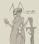 2023 alien antennae_(anatomy) anthro arthropod arthropod_abdomen clothing container cup dress drinking_glass female glass glass_container glass_cup gun hymenopteran insect ranged_weapon rifle sketch sniper_rifle solo tagme vagoncho wasp weapon wine_glass wings