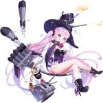  1girl adapted_turret artist_request bare_legs black_leotard black_surge_night blue_eyes blue_hair broom broom_riding closed_mouth crossed_bangs elbow_gloves gloves hat high_heels highres leotard long_hair multicolored_hair official_art pink_eyes pink_hair power_(black_surge_night) solo streaked_hair third-party_source tongue tongue_out torpedo_launcher transparent_background twintails two-tone_eyes very_long_hair white_gloves witch_hat 