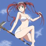  airi_(queen's_blade) barefoot bra breasts cleavage cloud covered_nipples day feet green_eyes long_hair maid_headdress medium_breasts panties queen's_blade red_hair ribonzu scythe sky solo twintails underwear underwear_only 