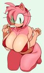2024 5_fingers accessory amy_rose anthro big_breasts bikini black_nose breasts clothed clothing eulipotyphlan eyelashes feet female fiinel fingers food green_eyes hair hair_accessory hairband hedgehog hi_res holding_food holding_object huge_breasts looking_at_viewer mammal pink_hair sega simple_background solo sonic_the_hedgehog_(series) swimwear thick_thighs toes