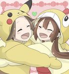  1girl :3 ^_^ bad_id bad_pixiv_id brown_hair closed_eyes cosplay gen_1_pokemon gen_5_pokemon hug kyouhei_(pokemon) long_hair marichi mei_(pokemon) open_mouth pikachu pikachu_(cosplay) pokemon pokemon_(game) pokemon_bw2 scraggy scraggy_(cosplay) smile twintails 