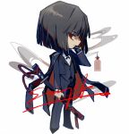  1girl black_coat black_hair butler chibi cigarette closed_mouth coat coat_on_shoulders cropped_jacket female_butler full_body g7cdpdto2i6hot6 hand_up limbus_company looking_at_viewer ootachi project_moon red_eyes ryoshu_(project_moon) sample_watermark short_hair simple_background smile smoke smoking solo sparkle suit talisman watermark white_background 