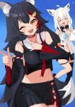  2girls ;d absurdres animal_ear_fluff animal_ears black_hair black_shorts black_sleeves blue_neckerchief blush breasts crop_top detached_sleeves fox_ears fox_girl hair_between_eyes highres hololive long_hair looking_at_viewer medium_breasts midriff midriff_peek multicolored_hair multiple_girls navel neckerchief one_eye_closed ookami_mio ookami_mio_(1st_costume) open_mouth red_hair shirakami_fubuki shirakami_fubuki_(1st_costume) shorts smile sskmsss virtual_youtuber white_hair wolf_ears wolf_girl yellow_eyes 