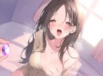  1girl 1other blurry blurry_background blush breasts brown_hair cleavage collarbone curtains gem grey_shirt hair_between_eyes hand_on_own_chest holding holding_gem indoors long_hair medium_breasts off_shoulder open_mouth original red_eyes shirt sparkle tongue tongue_out window yuita_(yuita17) 