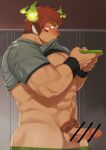  1boy abs animal_ears bar_censor bara bare_pectorals blush brown_hair censored clothes_lift cow_boy cow_ears cow_horns erection eye_black fiery_horns forked_eyebrows glowing_horns green_male_underwear grey_shirt haishiba_ame highres holding horns large_pectorals male_focus male_pubic_hair male_underwear muscular muscular_male navel pectorals penis pubic_hair shirt shirt_lift short_hair solo testicles thick_eyebrows tokyo_afterschool_summoners underwear wakan_tanka wristband 